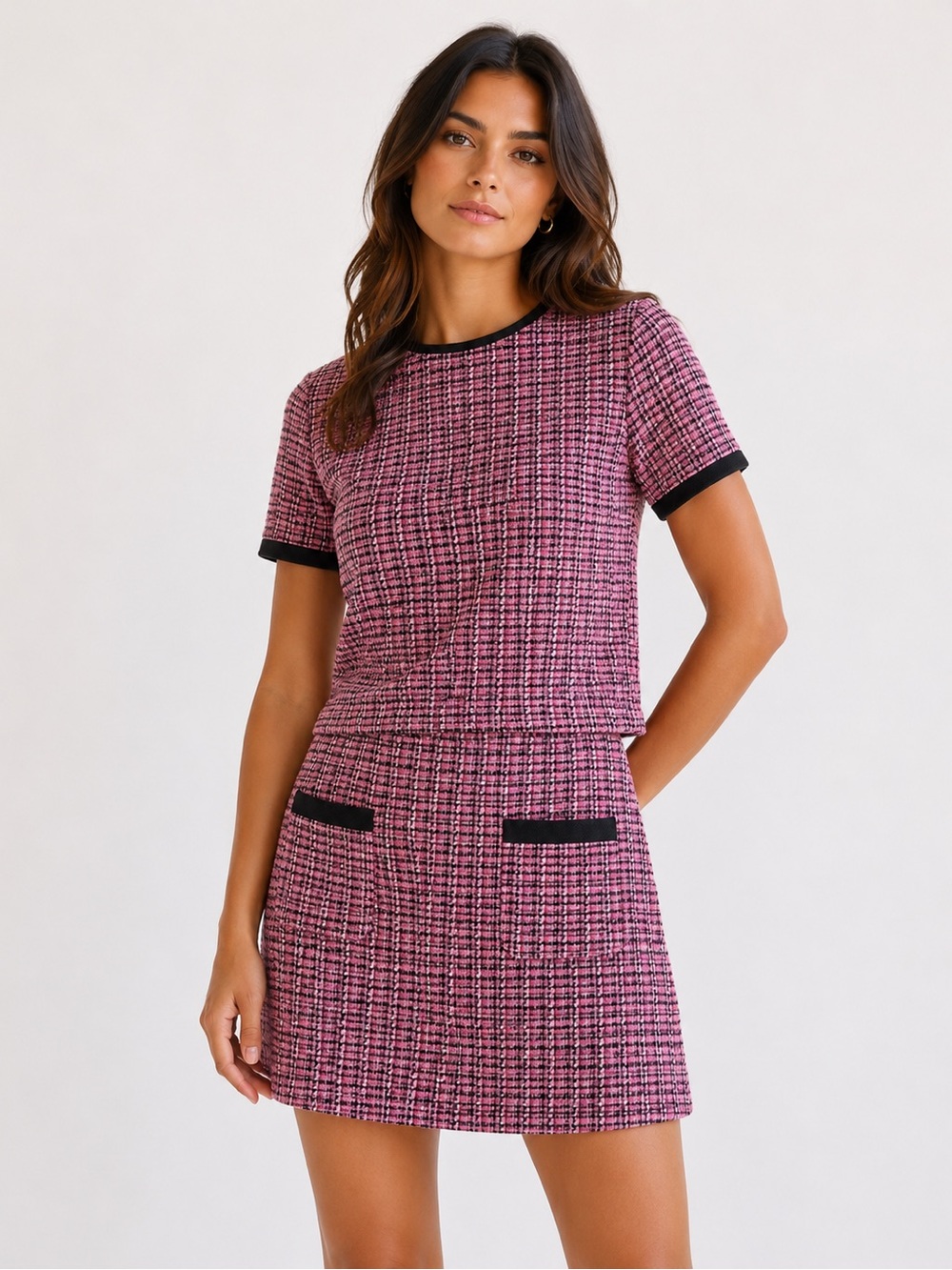Zara Pink & Black Tweed Two-Piece Skirt Set
